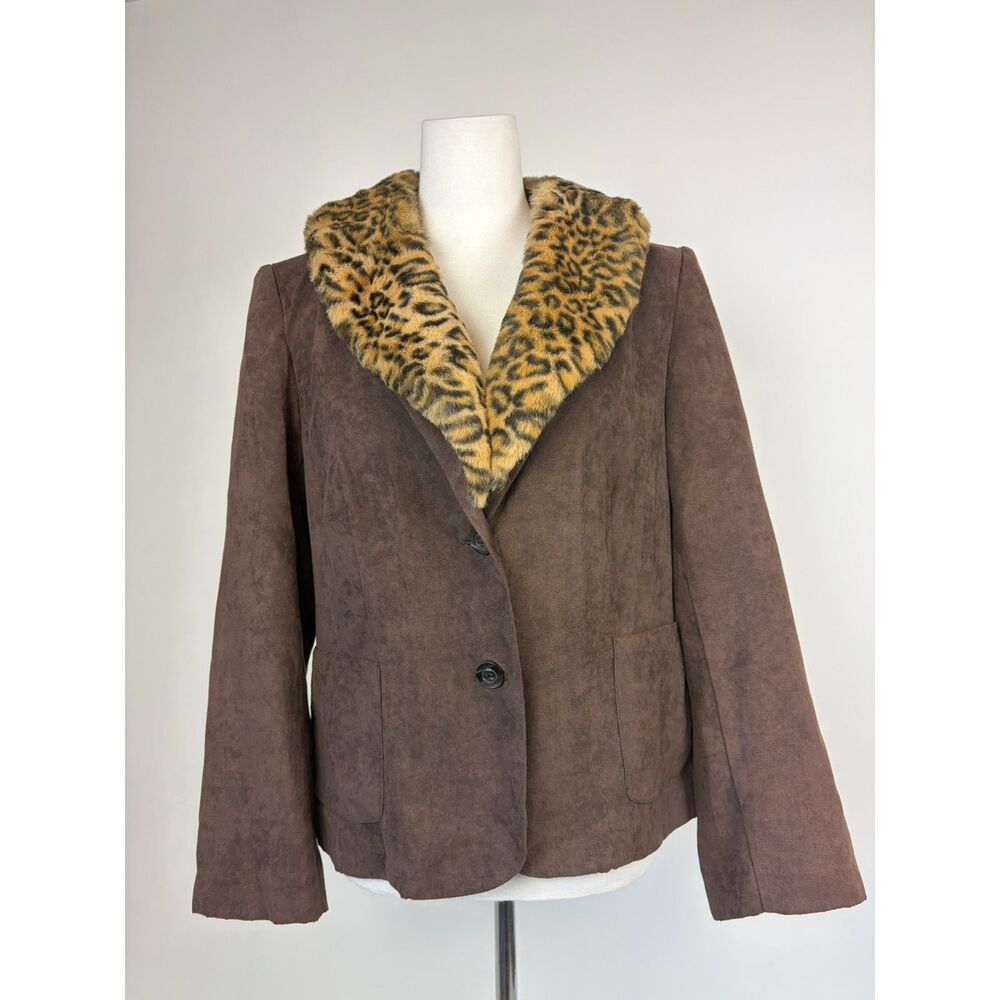 Faux Suede Brown Blazer Sz 12 Academia Career Mob Wife Removable Leopard Collar
